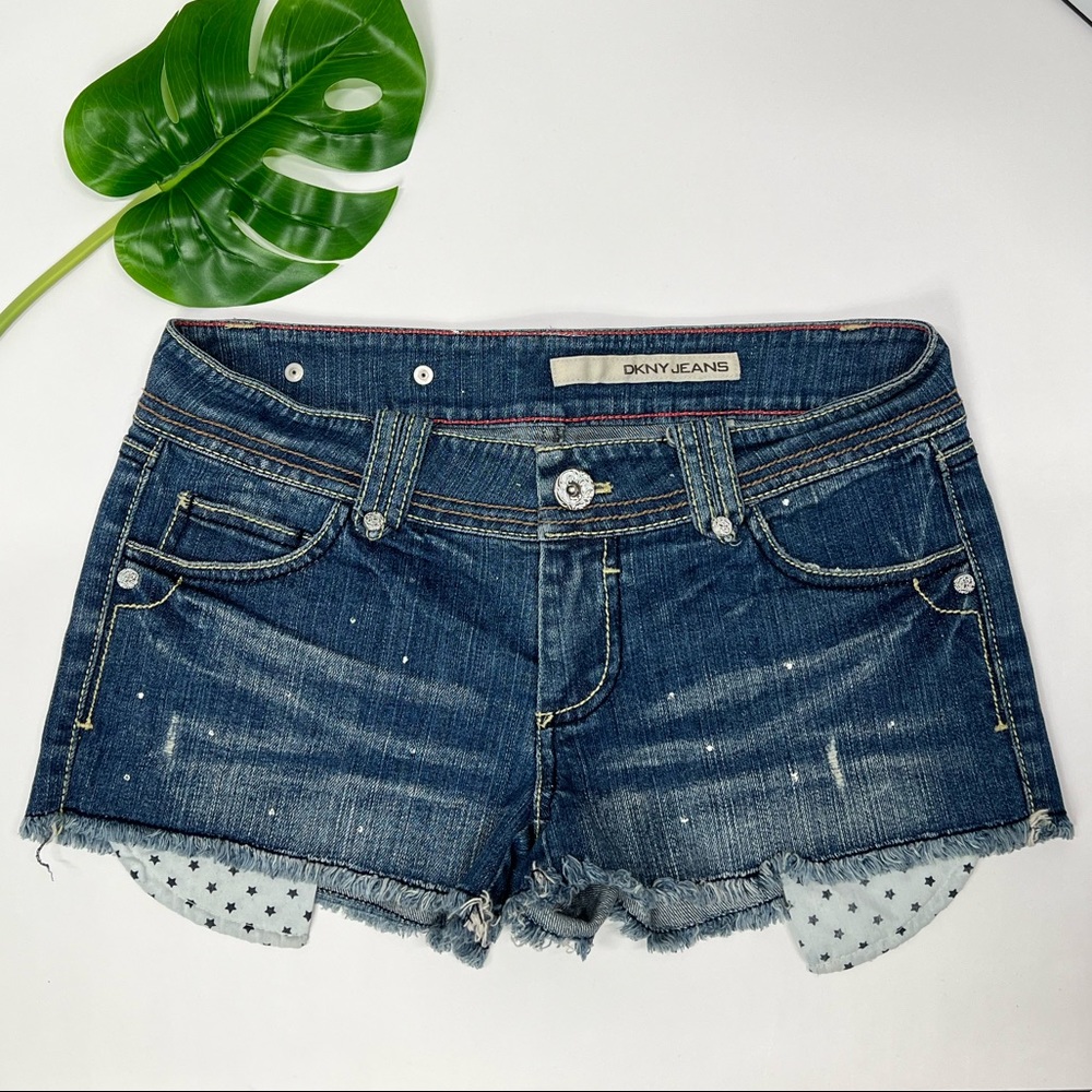 DKNY Denim Shorts Y2K Low Rise Vintage Embellished Jeans Beachside Polka Dots